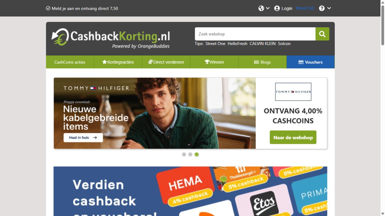 CashbackKorting homepage screenshot
